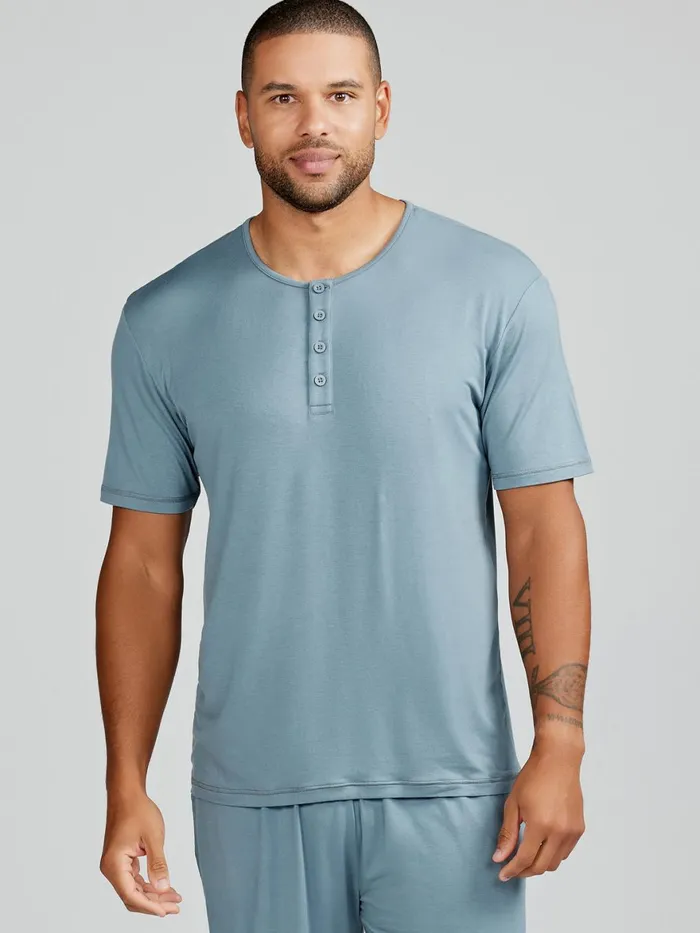 Men Bamboo Silk Sleep Short Sleeve Henley Tasc Performance Lounge