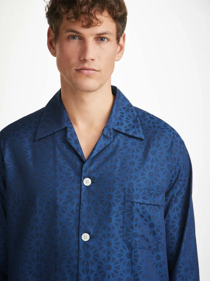 Men Classic Fit Pajamas Paris 26 Cotton Jacquard Navy Derek Rose Cotton Pajamas