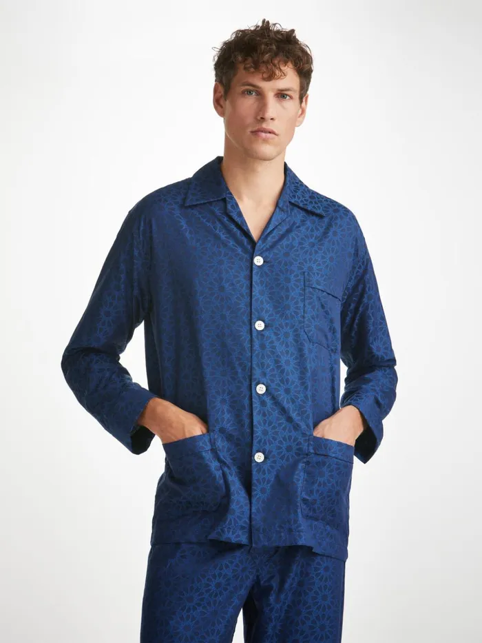 Men Classic Fit Pajamas Paris 26 Cotton Jacquard Navy Derek Rose Cotton Pajamas