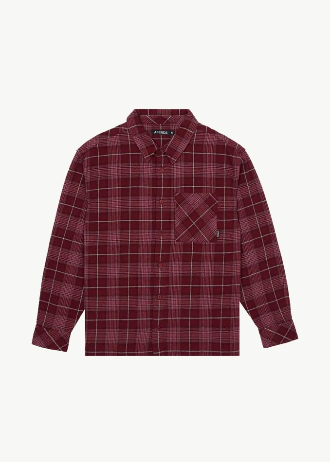 Men Long Sleeve Afends AFENDS Mens Questions 8211 Flannel Shirt 8211 Port