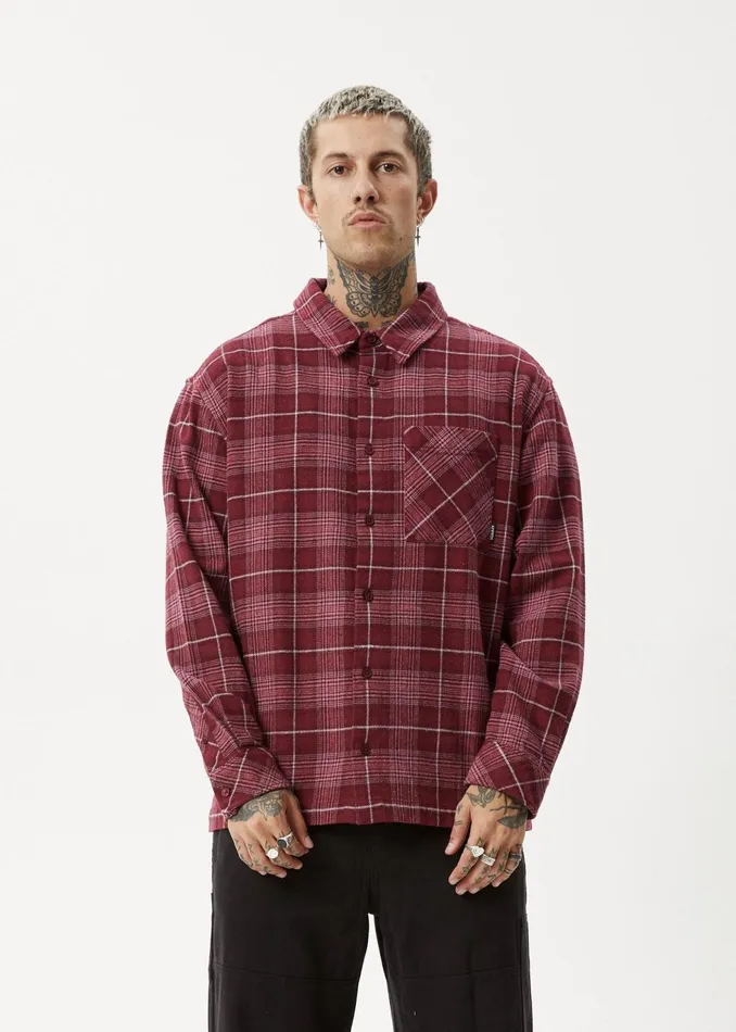 Men Long Sleeve Afends AFENDS Mens Questions 8211 Flannel Shirt 8211 Port