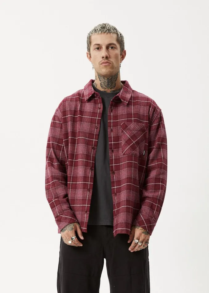 Men Long Sleeve Afends AFENDS Mens Questions 8211 Flannel Shirt 8211 Port