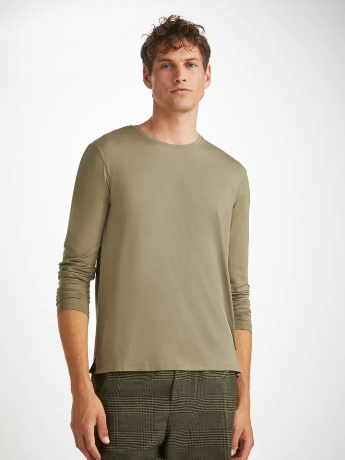 Men Long Sleeve TShirt Basel Micro Modal Stretch Khaki Derek Rose Long Sleeve TShirts