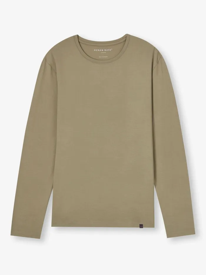 Men Long Sleeve TShirt Basel Micro Modal Stretch Khaki Derek Rose Long Sleeve TShirts