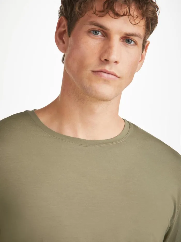 Men Long Sleeve TShirt Basel Micro Modal Stretch Khaki Derek Rose Long Sleeve TShirts