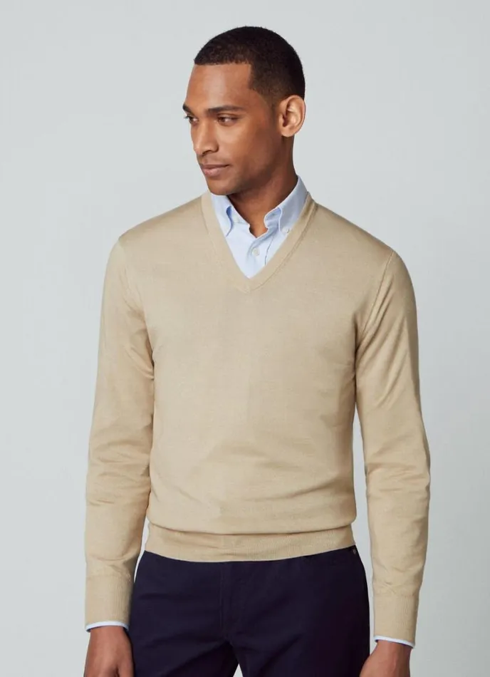 Men Merino Wool VNeck Jumper Taupe Beige Hackett London Knitwear