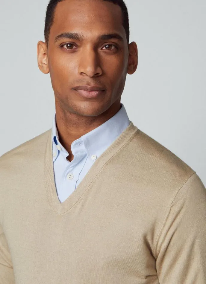 Men Merino Wool VNeck Jumper Taupe Beige Hackett London Knitwear