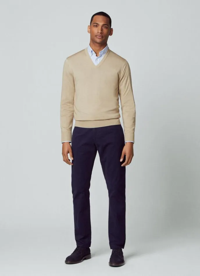 Men Merino Wool VNeck Jumper Taupe Beige Hackett London Knitwear