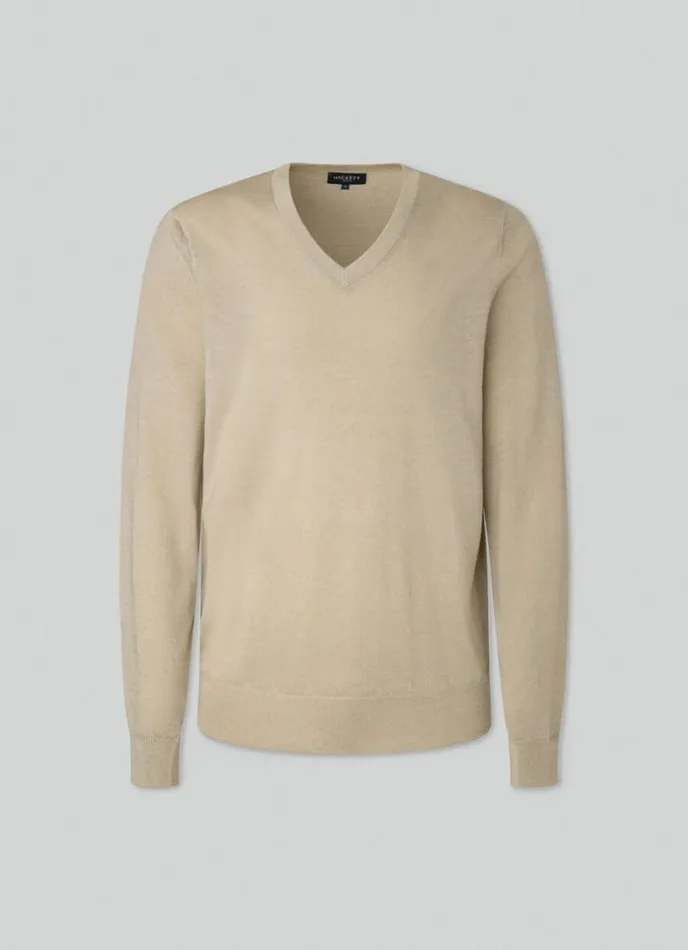 Men Merino Wool VNeck Jumper Taupe Beige Hackett London Knitwear