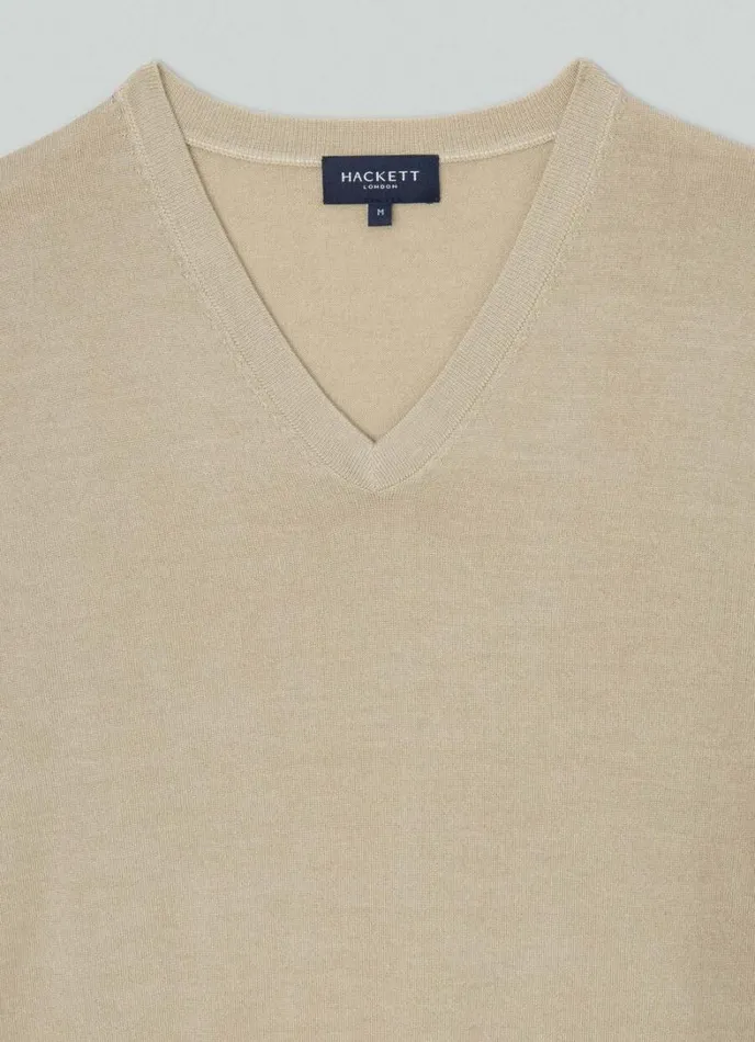 Men Merino Wool VNeck Jumper Taupe Beige Hackett London Knitwear
