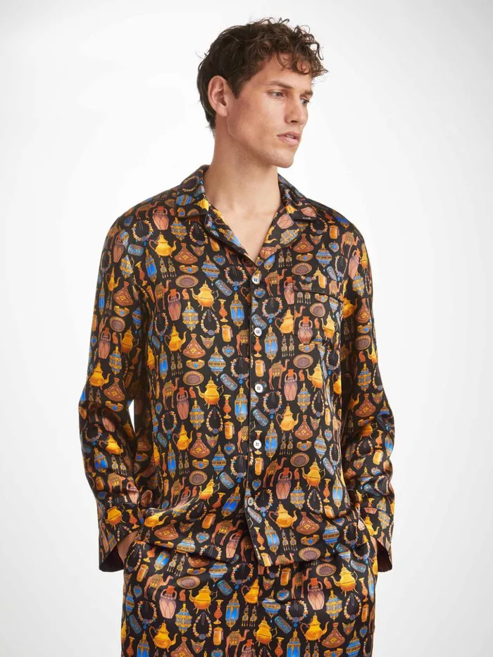Men Pajamas Brindisi 100 Silk Satin Black Derek Rose Long Pajamas