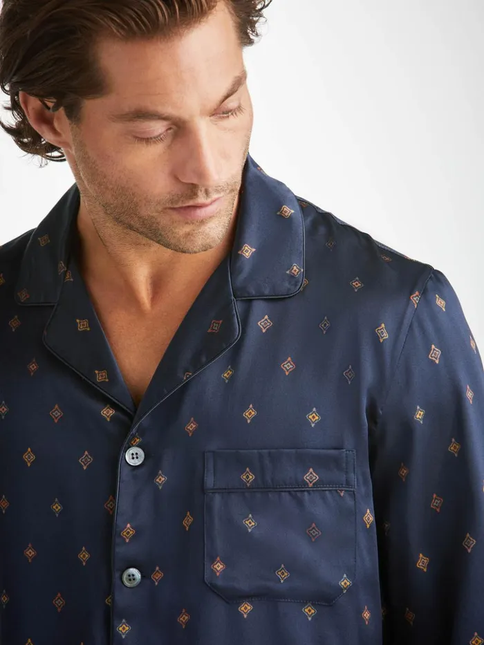 Men Pajamas Brindisi 103 Silk Satin Navy Derek Rose Long Pajamas