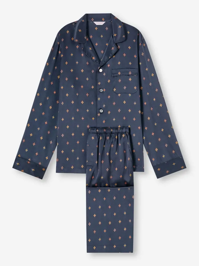 Men Pajamas Brindisi 103 Silk Satin Navy Derek Rose Long Pajamas