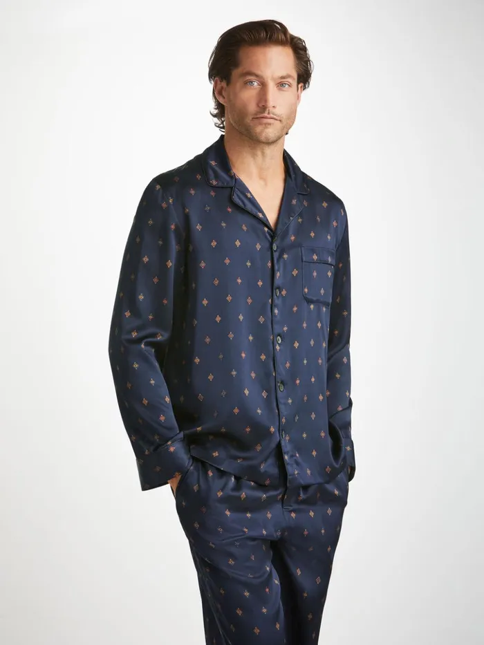 Men Pajamas Brindisi 103 Silk Satin Navy Derek Rose Long Pajamas