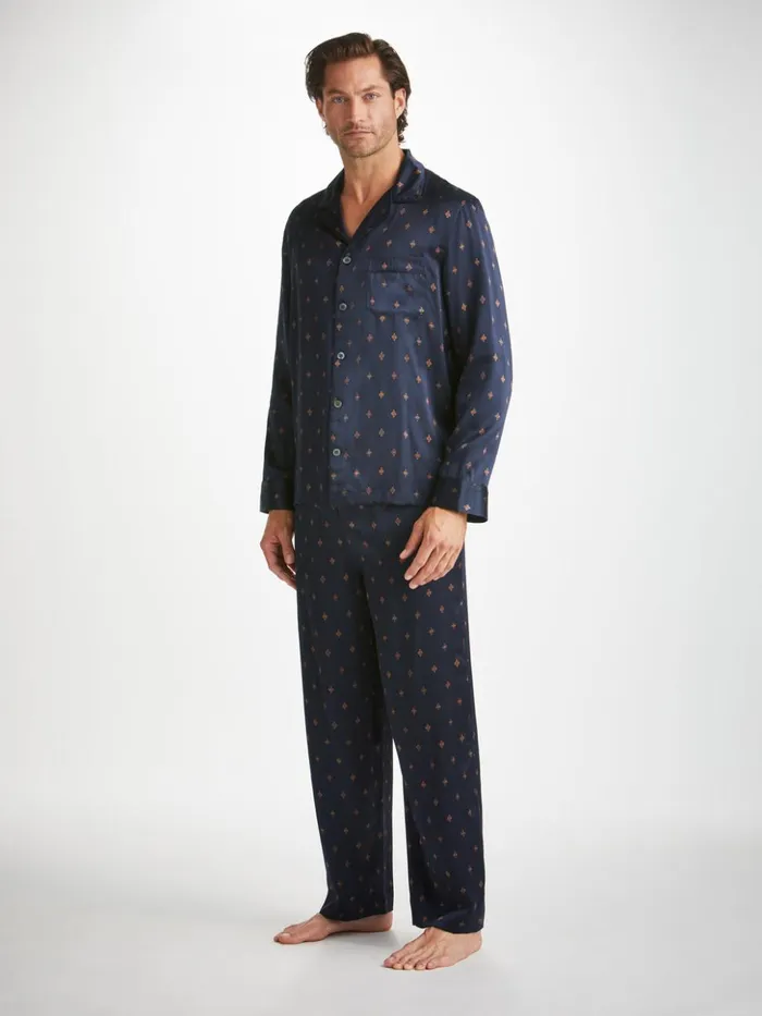 Men Pajamas Brindisi 103 Silk Satin Navy Derek Rose Long Pajamas