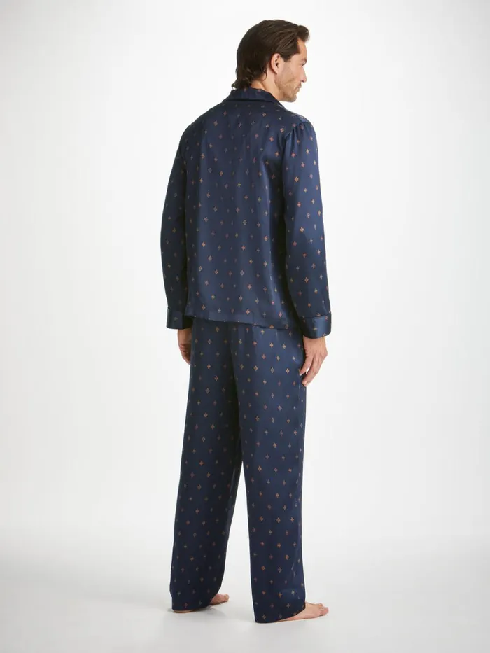 Men Pajamas Brindisi 103 Silk Satin Navy Derek Rose Long Pajamas
