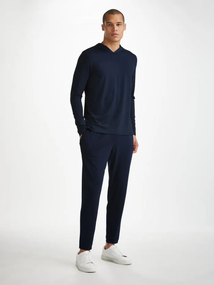 Men Pullover Hoodie Basel Micro Modal Stretch Navy Derek Rose Hooded Tops