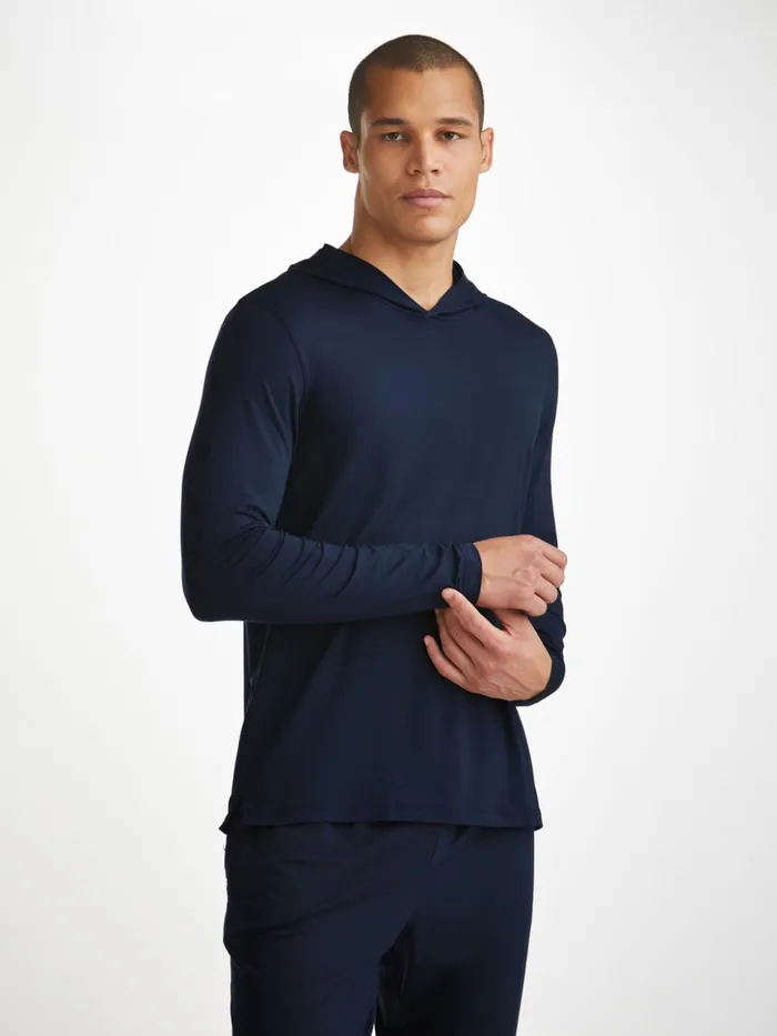 Men Pullover Hoodie Basel Micro Modal Stretch Navy Derek Rose Hooded Tops