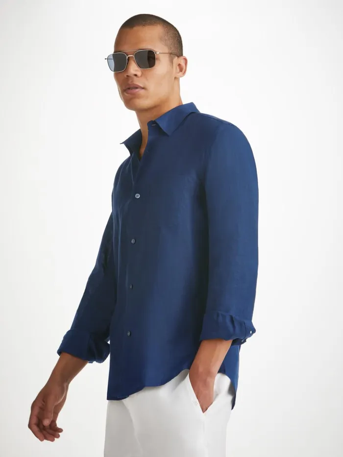 Men Shirt Monaco 2 Linen Navy Derek Rose Casual Shirts