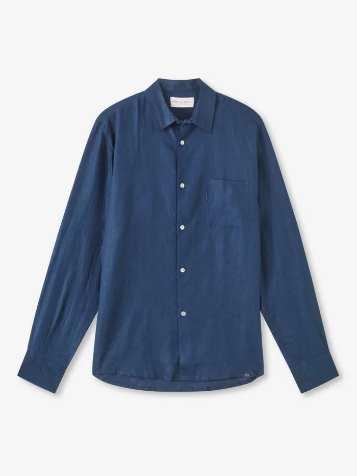 Men Shirt Monaco 2 Linen Navy Derek Rose Casual Shirts