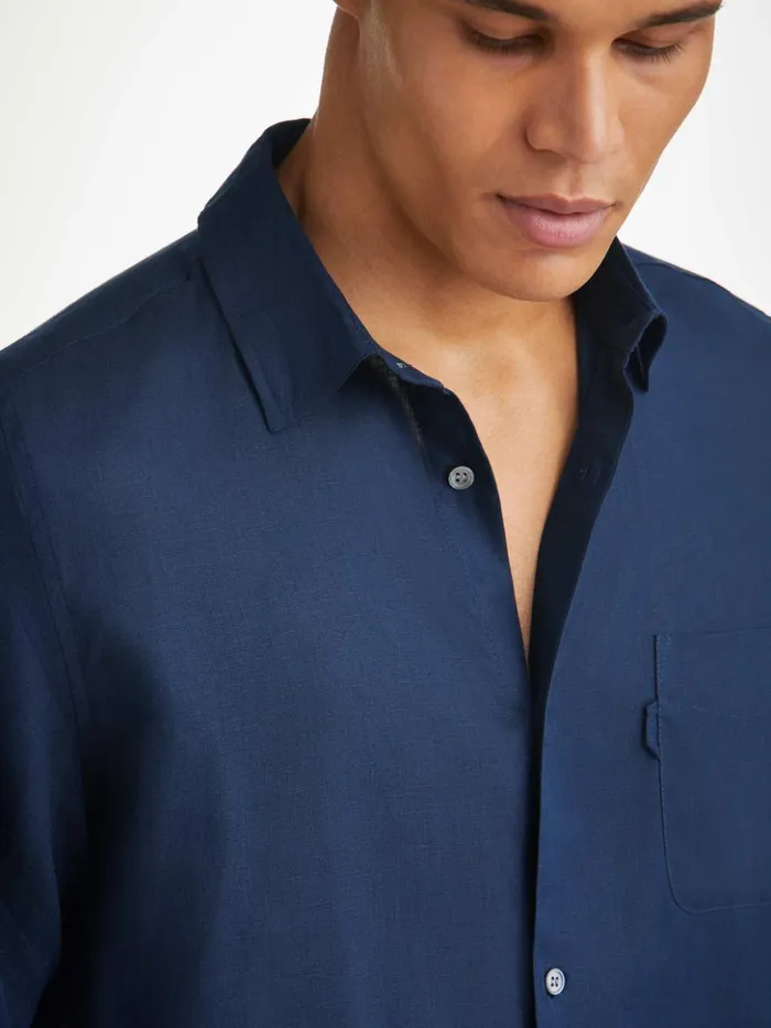 Men Shirt Monaco 2 Linen Navy Derek Rose Casual Shirts