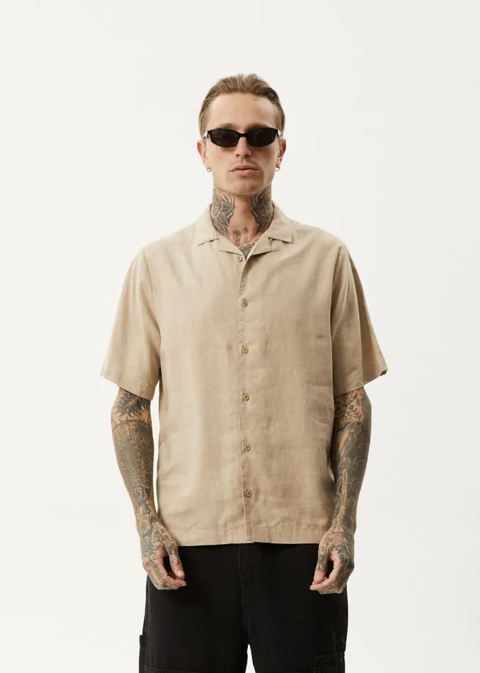 Men Shirts Afends AFENDS Mens Daily 8211 Cuban Shorts Sleeve Shirt 8211 Taupe