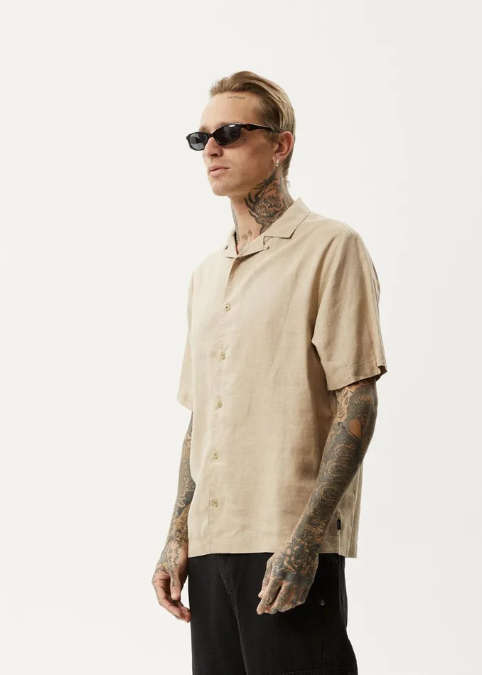 Men Shirts Afends AFENDS Mens Daily 8211 Cuban Shorts Sleeve Shirt 8211 Taupe