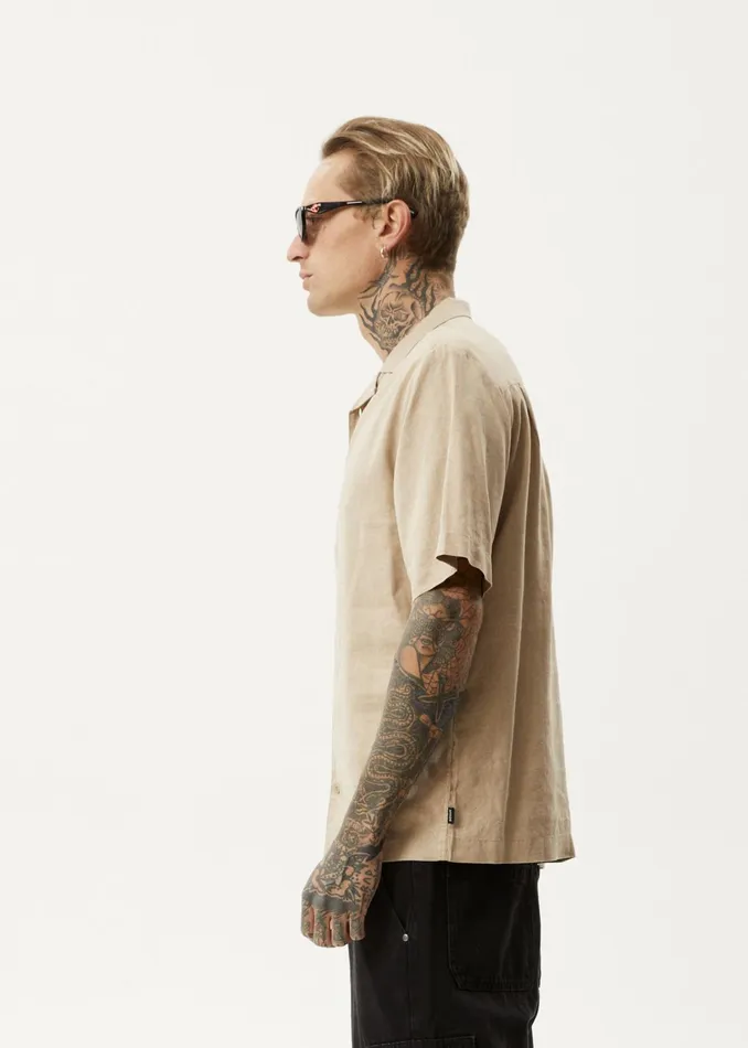 Men Shirts Afends AFENDS Mens Daily 8211 Cuban Shorts Sleeve Shirt 8211 Taupe