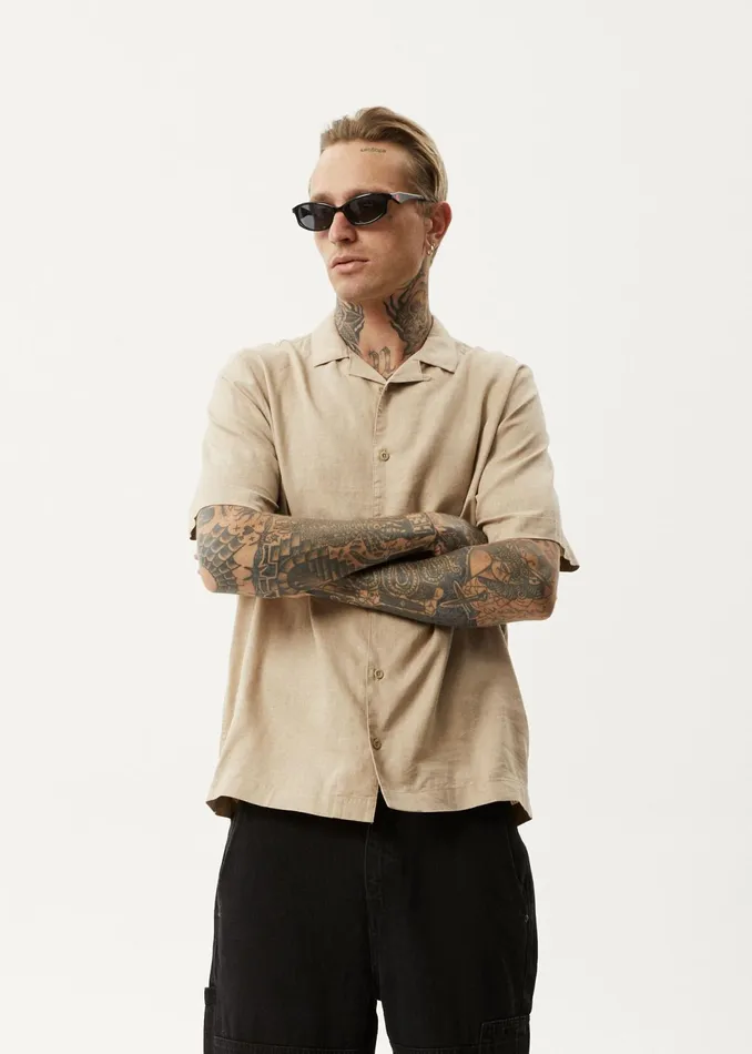 Men Shirts Afends AFENDS Mens Daily 8211 Cuban Shorts Sleeve Shirt 8211 Taupe