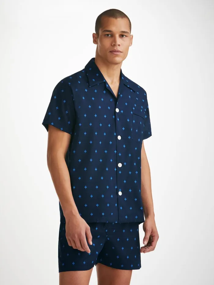 Men Short Pajamas Nelson 98 Cotton Batiste Navy Derek Rose Cotton Pajamas