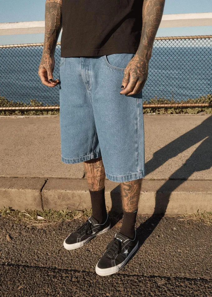 Men Shorts and Boardshorts Afends AFENDS Mens Lil C 8211 Denim Baggy Fit Short 22 Inch 8211 Worn Blue