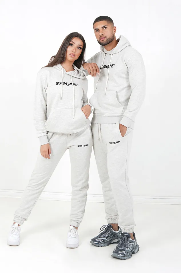 Men Sixth June Paris All In Ones Set Hoodie Joggers Logo Embroidered Light Grey