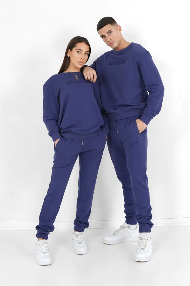 Men Sixth June Paris All In Ones Set Sweatshirt Joggers Embossed Logo Navy Blue