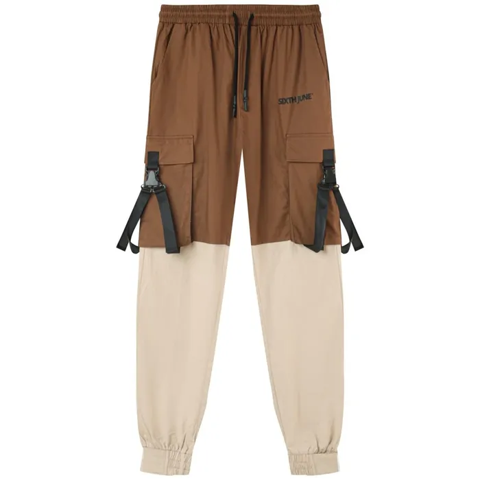 Men Sixth June Paris Jeans Trousers Bicolored Straps Cargo Pants Brown Multi