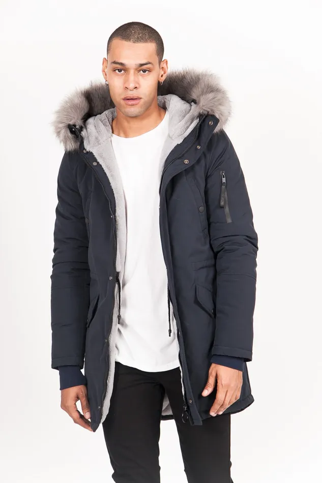 Men Sixth June Paris Outerwear Nylon Lining Fur Parka Navy Grey Blue Men Sixth June Paris Outerwear Nylon Lining Fur Parka Navy Grey Blue