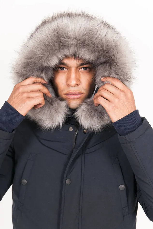 Men Sixth June Paris Outerwear Nylon Lining Fur Parka Navy Grey Blue Men Sixth June Paris Outerwear Nylon Lining Fur Parka Navy Grey Blue