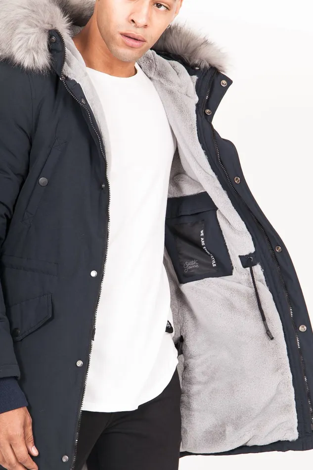 Men Sixth June Paris Outerwear Nylon Lining Fur Parka Navy Grey Blue Men Sixth June Paris Outerwear Nylon Lining Fur Parka Navy Grey Blue