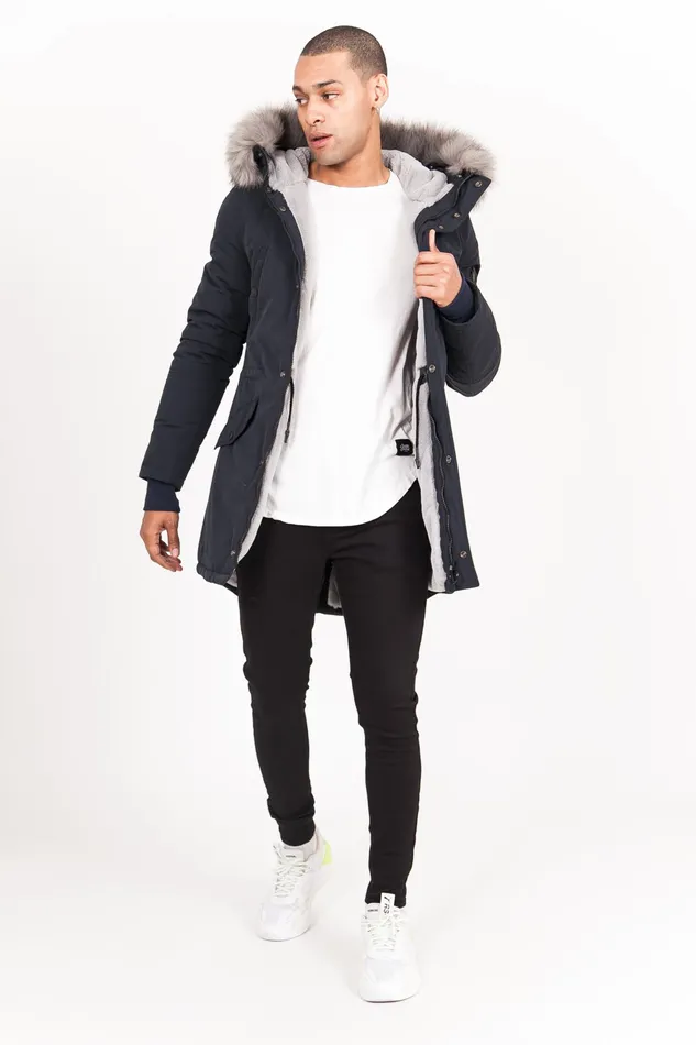 Men Sixth June Paris Outerwear Nylon Lining Fur Parka Navy Grey Blue Men Sixth June Paris Outerwear Nylon Lining Fur Parka Navy Grey Blue