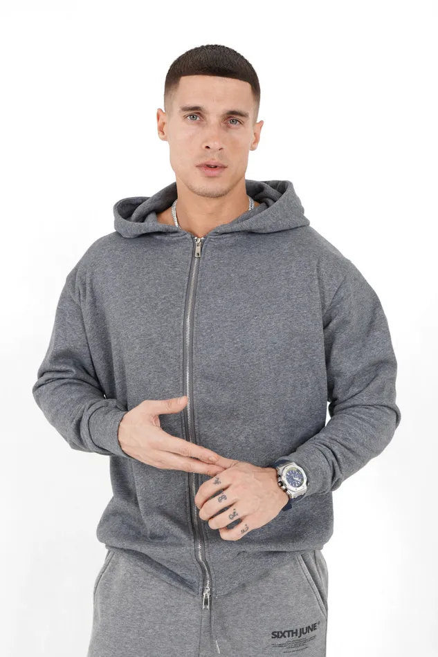 Men Sixth June Paris Sweats Knitwear Zipped Hoodie Logo Grey Men Sixth June Paris Sweats Knitwear Zipped Hoodie Logo Grey