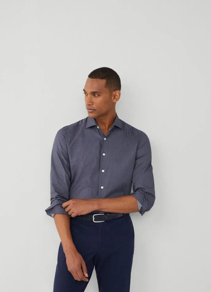 Men Slim Fit Geometric Design Shirt Navy Hackett London Shirts