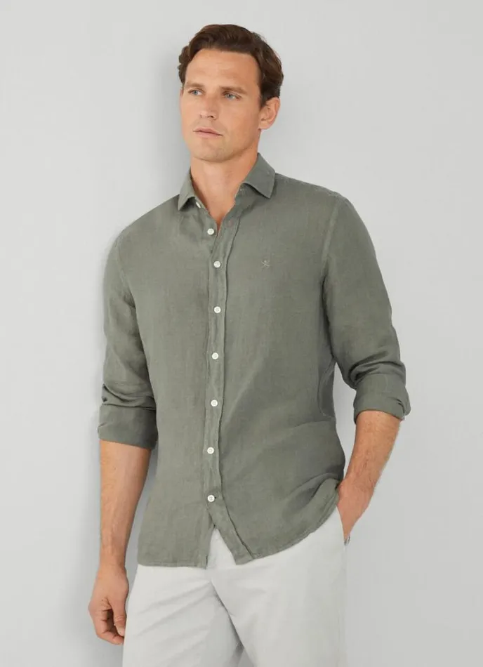 Men Slim Fit Linen Shirt Khaki Hackett London Shirts