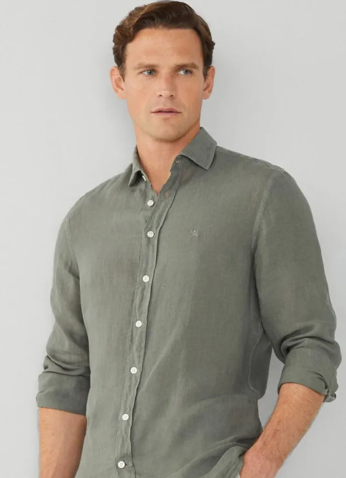 Men Slim Fit Linen Shirt Khaki Hackett London Shirts