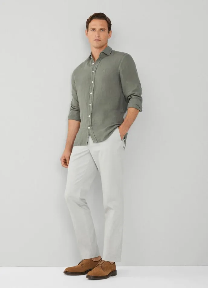 Men Slim Fit Linen Shirt Khaki Hackett London Shirts