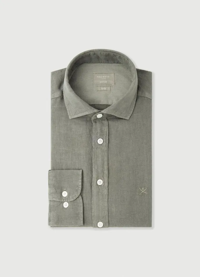 Men Slim Fit Linen Shirt Khaki Hackett London Shirts