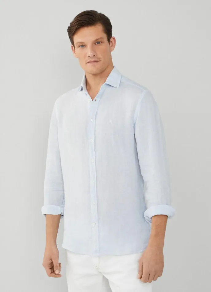 Men Slim Fit Linen Shirt Sky Blue Hackett London Shirts