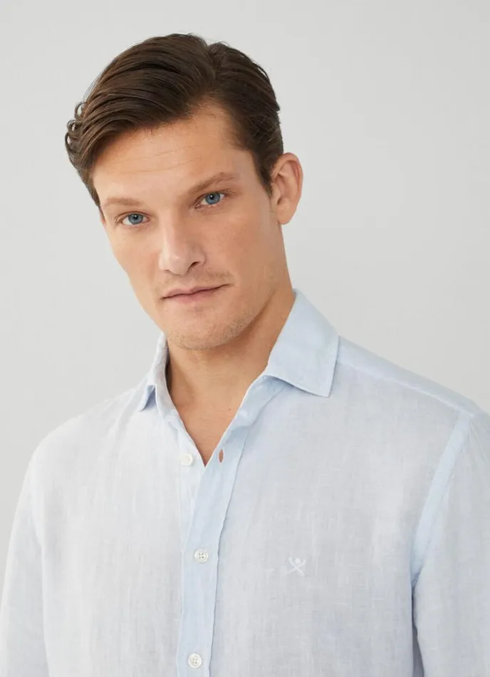 Men Slim Fit Linen Shirt Sky Blue Hackett London Shirts