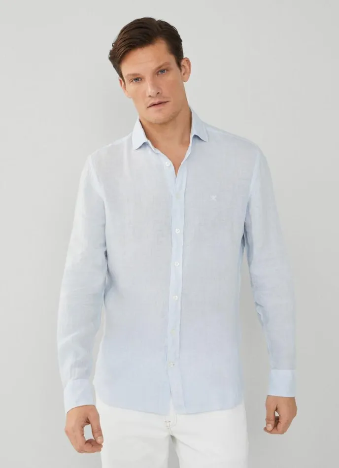 Men Slim Fit Linen Shirt Sky Blue Hackett London Shirts