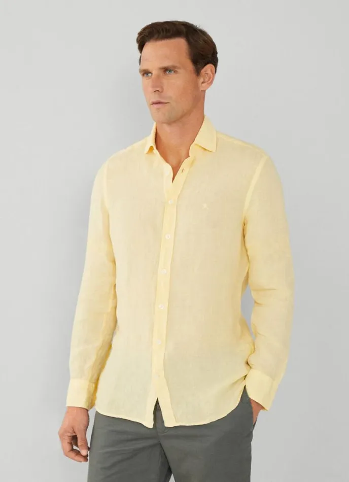 Men Slim Fit Linen Shirt Yellow Hackett London Shirts