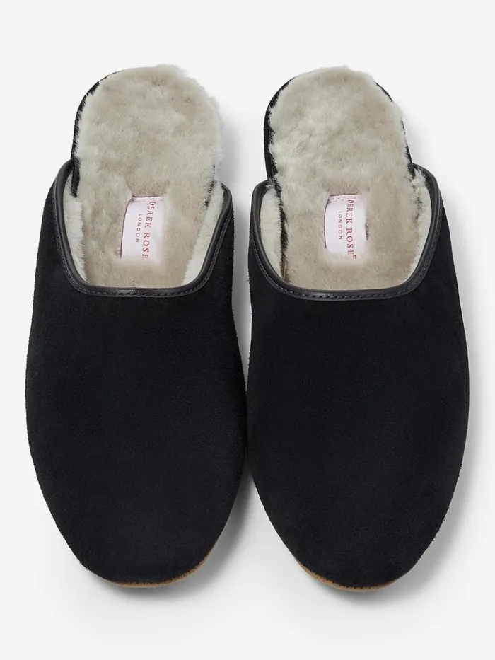 MenSlippers Mule Slippers Douglas Suede Sheepskin Black Derek Rose Slippers