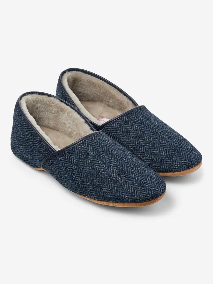 MenSlippers Slippers Crawford 2 Harris Tweed Sheepskin Navy Derek Rose Slippers